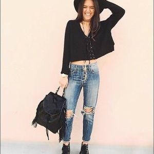 LF Black Lace-up Cropped Knit Sweater